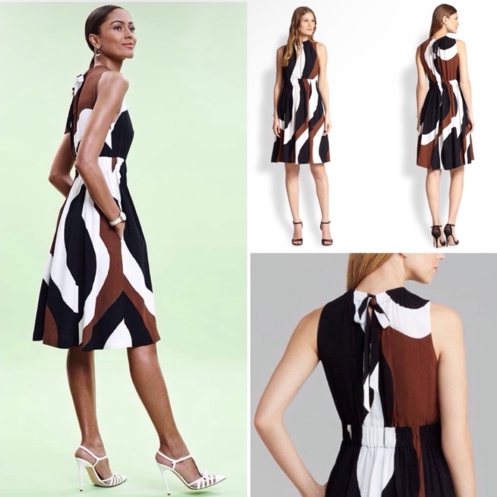 Kate Spade Rio Bow Tie Back Sleeveless Printed Crepe Midi Brown Dress Size 8